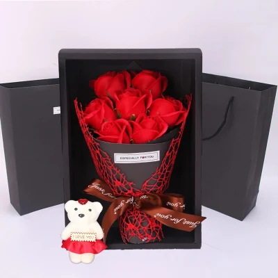 Handmade Rose Soap Flower Bouquet with Little Bear – Valentine’s, Mother’s Day & Birthday Gift Box
